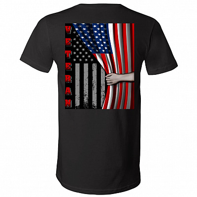 Veteran American Flag Print On Back T-Shirt - Veteran Shirt, Black, V-Neck T-Shirt