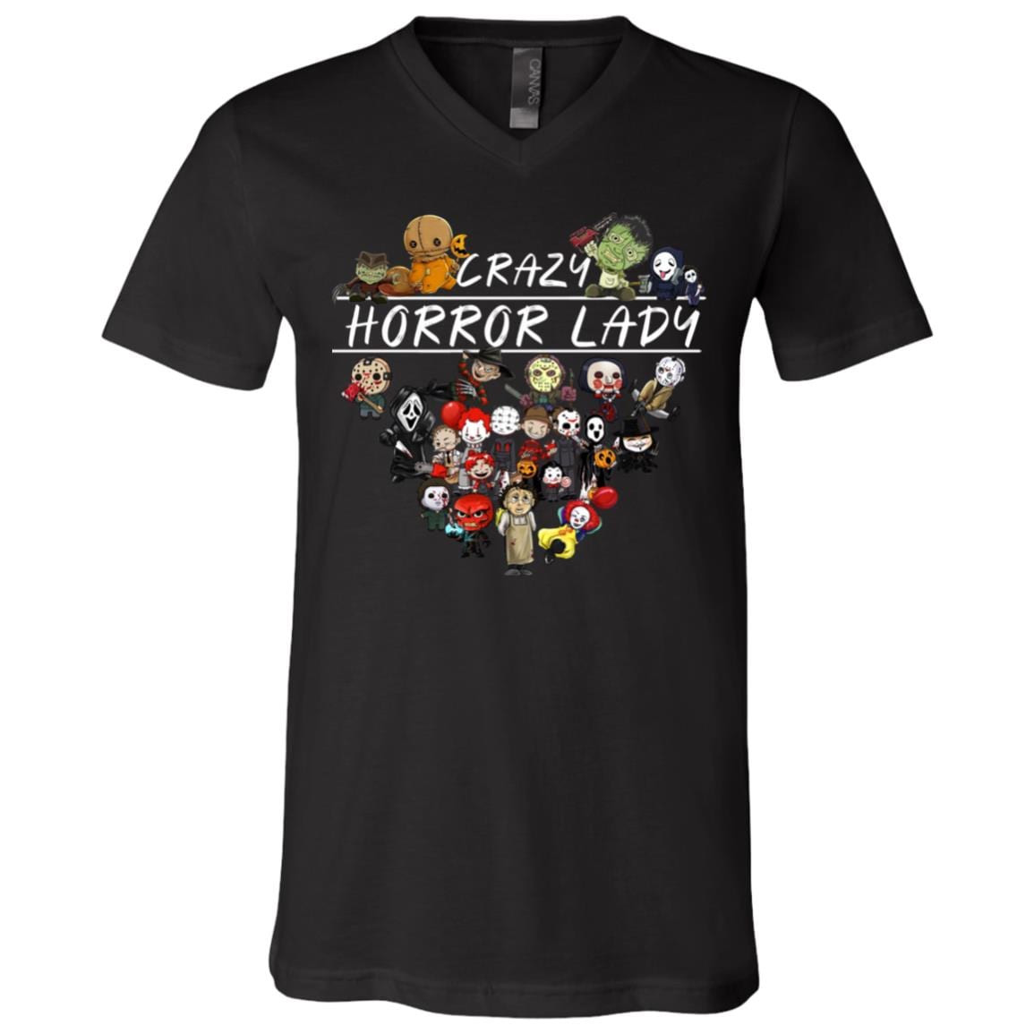 Crazy Horror Lady Funny Halloween Horror Characters T-Shirt - V Neck, Black, V-Neck T-Shirt