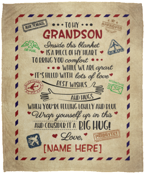 Personalized Letter Blanket to My Grandson Inside This Blanket Is a Piece of My Heart Premium Sherpa Blanket, White, Cozy Plush Fleece Blanket - 50x60