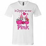 In October We Wear Pink Cute Gnomes Breast Cancer T-Shirt - V-Neck - Breast Cancer Awareness Shirt, White, V-Neck T-Shirt