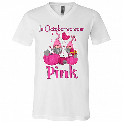 In October We Wear Pink Cute Gnomes Breast Cancer T-Shirt - V-Neck - Breast Cancer Awareness Shirt, White, V-Neck T-Shirt