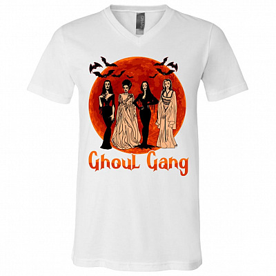 Ghoul Gang Sunset Halloween For Women T-shirt - V-neck - Squad Goals Elvira Morticia Tee Shirt, White, V-Neck T-Shirt