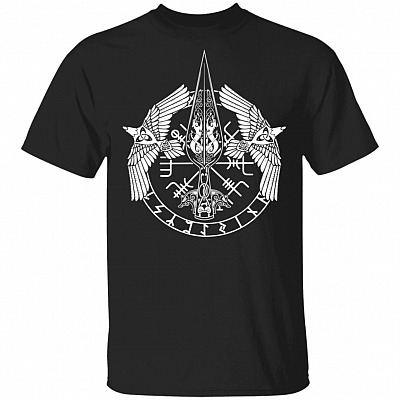 Viking Twin Ravens Odin Rune T-Shirt - Norse Mythology Shirt, Black, Unisex T-Shirt