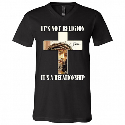 It's Not Religion It's A Relationship Jesus With Thorn T-shirt - V-neck - Christian Cross Tee Shirt, Black, V-Neck T-Shirt