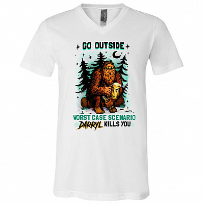 Go Outside Worst Case Scenario Darryl Kills You Bigfoot Light T-Shirt - V-Neck Shirt, White, V-Neck T-Shirt