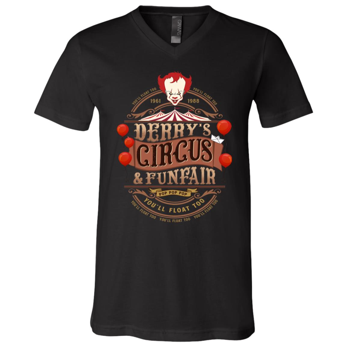 Vintage Derry's Circus Funfair You'll Float Too T-shirt - V-neck - Scary Clown Halloween Tee Shirt, Black, V-Neck T-Shirt