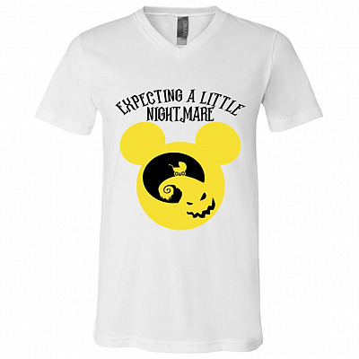 Expecting A Little Nightmare T-Shirt - Funny Pregnant Halloween Shirt, White, V-Neck T-Shirt
