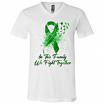 Green Feather Ribbon Liver Cancer In This Family We Fight Together T-Shirt - V-Neck Tee, White, V-Neck T-Shirt