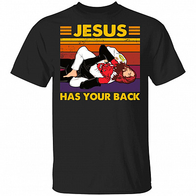 Vintage Wrestling Jesus Has Your Back T-Shirt - Funny Brazilian Jiu Jitsu Light Tee Shirt, Black, Unisex T-Shirt