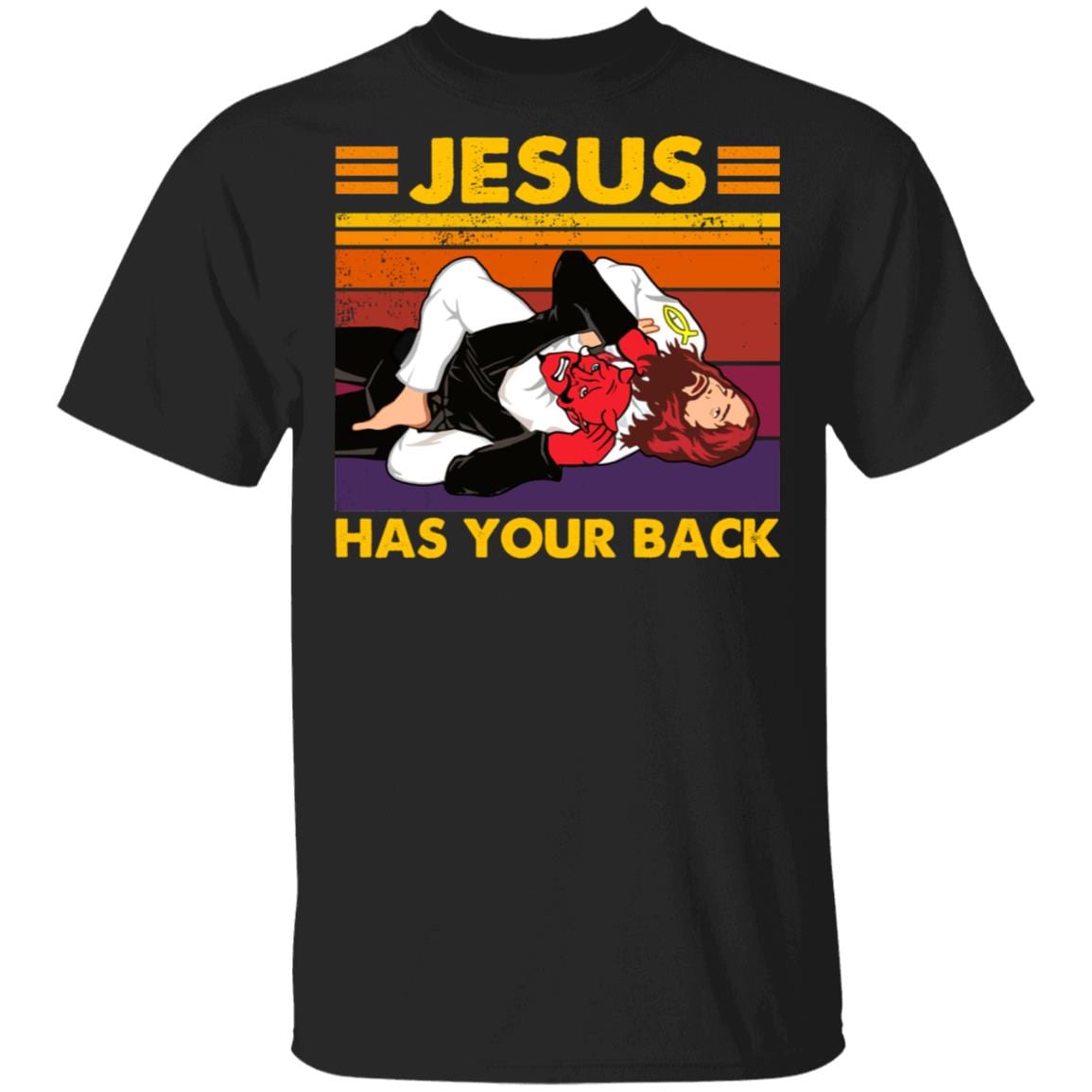 Vintage Wrestling Jesus Has Your Back T-Shirt - Funny Brazilian Jiu Jitsu Light Tee Shirt, Black, Unisex T-Shirt