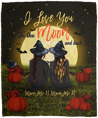 Personalized I Love You To The Moon And Back Witches Halloween Bestie Fleece Blanket - Premium Sherpa Blanket, White, Cozy Plush Fleece Blanket - 50x60