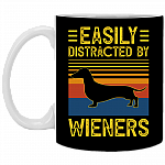 Easily Distracted by Wieners Vintage Retro Ceramic Coffee Mug - Beer Stein - Water Bottle, Black, 11 oz. White Mug