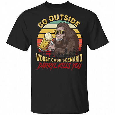 Go Outside Worst Case Scenario Darryl Kills You Funny Bigfoot Vintage T-Shirt - Bigfoot Drinking Beer Shirt, Black, Unisex T-Shirt