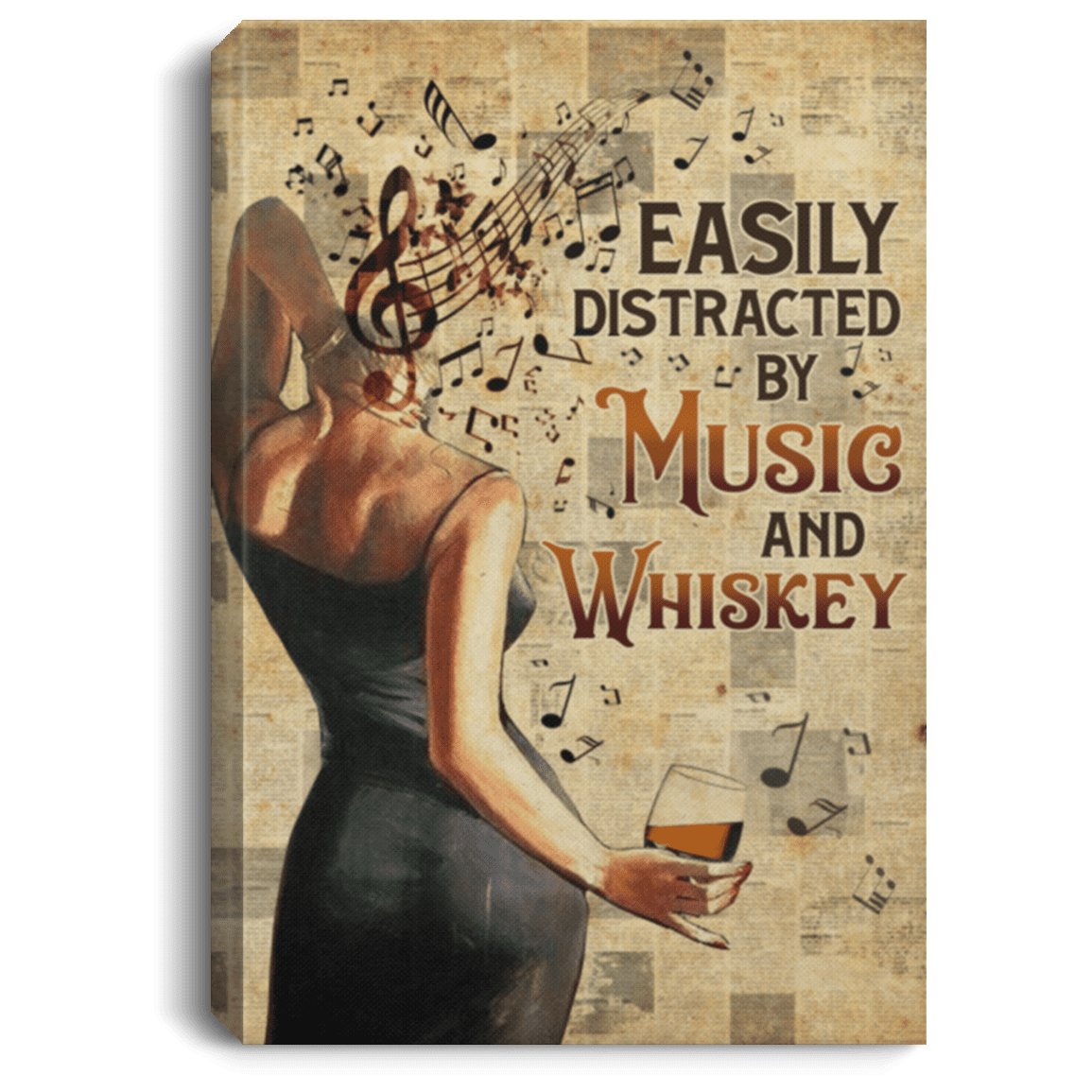 Vintage Easily Distracted By Music And Whiskey Framed Canvas Prints - Unframed Poster, White, 0.75'' Framed Canvas