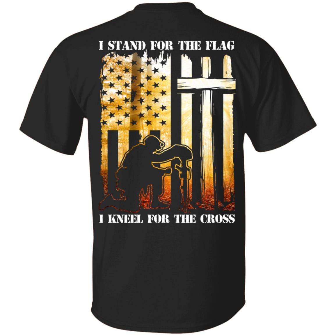 I Stand For The Flag And Kneel For The Cross Sunset Print On Back T-Shirt - Proud Veteran Sunset Back Shirt, Black, Unisex T-Shirt