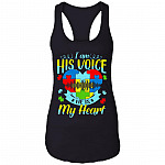 I Am His Voice He Is My Heart Autism Mom Ladies Racerback Tank - Cool Mom Autism Awareness Support Tank Top, Black, Ladies Racerback Tank
