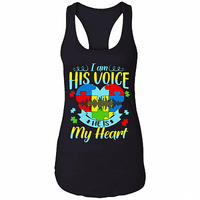 I Am His Voice He Is My Heart Autism Mom Ladies Racerback Tank - Cool Mom Autism Awareness Support Tank Top, Black, Ladies Racerback Tank