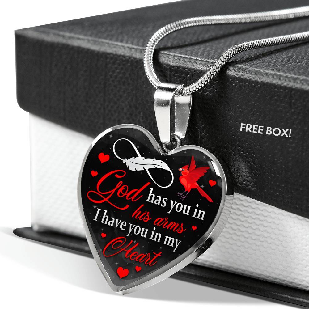 Cardinal God Has You in His Arms I Have You in My Heart Heart Pendant Necklace - Heart Luxury Necklace (Silver)