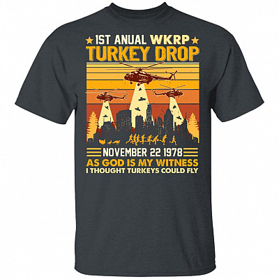 First Annual WKRP Turkey Drop T-Shirt - Funny Turkey I Thought Turkeys Could Fly Shirt Thanksgiving Tee Shirt, Dark Heather, Unisex T-Shirt