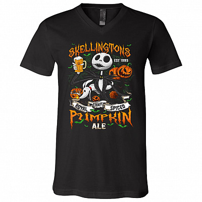Pumpkin Ale Beer Jack Skellington Halloween Characters Gift T-Shirt - V Neck, Black, V-Neck T-Shirt