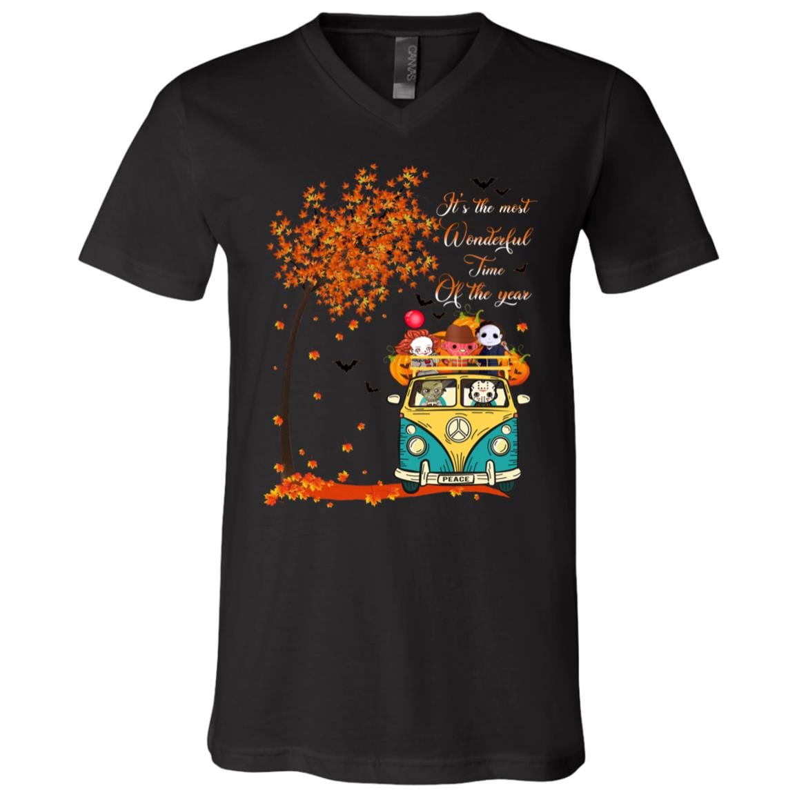 It's the Most Wonderful Time of the Year - Fall Season Cute Horror Characters T-Shirt - V Neck, Black, V-Neck T-Shirt
