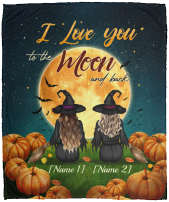 Personalized I Love You to the Moon and Back Pumpkin and Witches Fleece Blanket - Premium Sherpa Blanket, White, Cozy Plush Fleece Blanket - 50x60