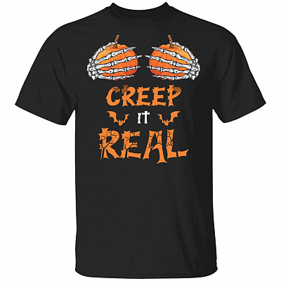 Skeleton Creep It Real Funny Halloween T-Shirt - Funny Pumpkin Halloween Shirt, Black, Unisex T-Shirt