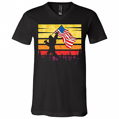 Bigfoot Rock and Roll American Flag Vintage Retro T-Shirt - V-Neck Shirt, Black, V-Neck T-Shirt