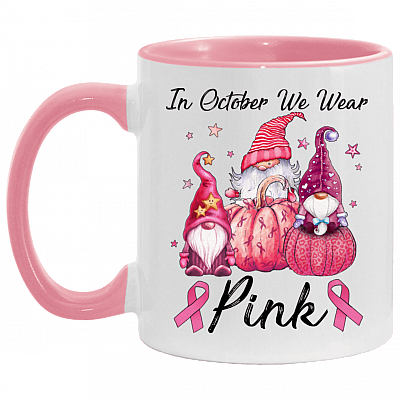 In October We Wear Pink Pumpkin Gnome Accent Mug - Breast Cancer Awareness Mug, White/Pink, 11 oz. Accent Mug