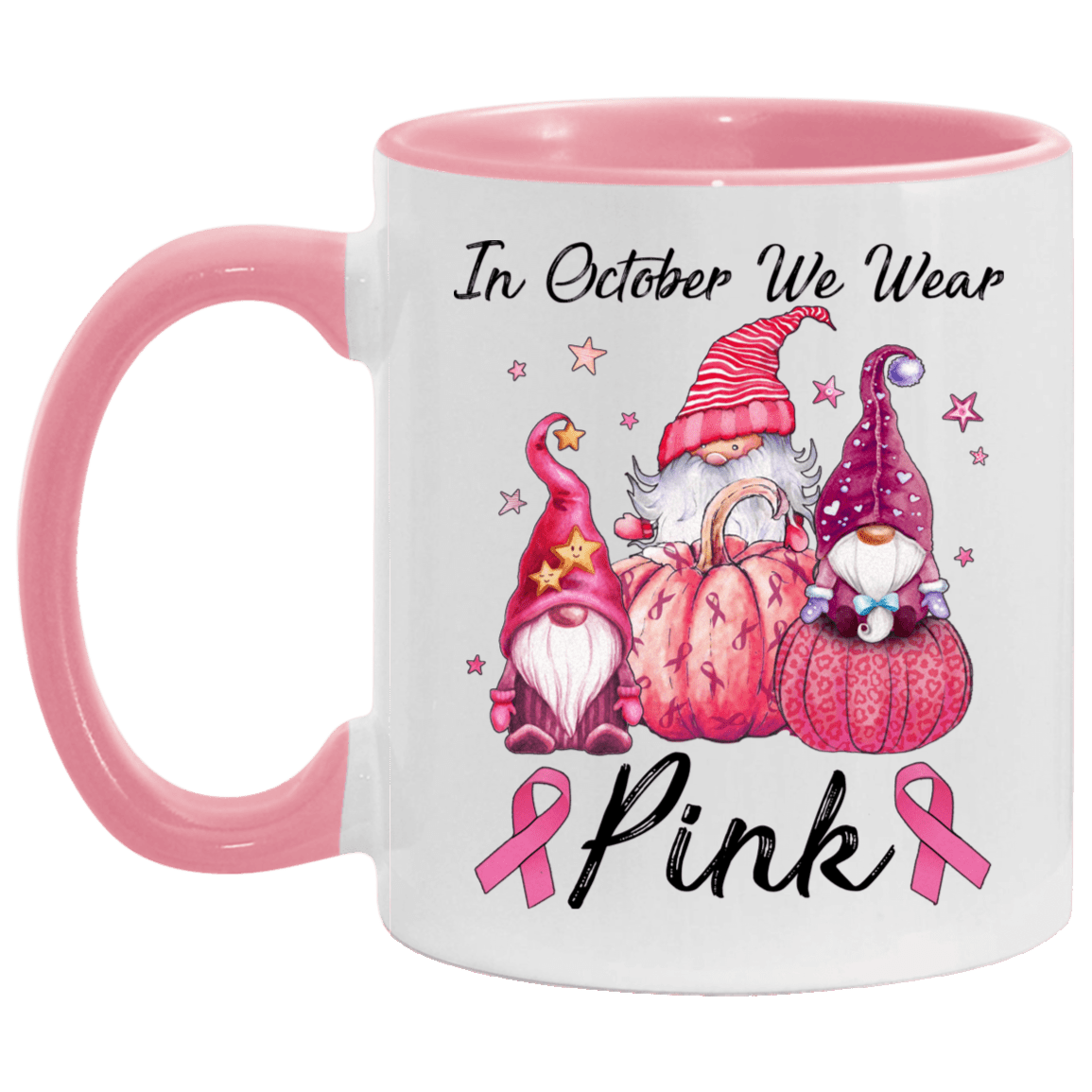 In October We Wear Pink Pumpkin Gnome Accent Mug - Breast Cancer Awareness Mug, White/Pink, 11 oz. Accent Mug