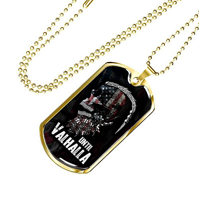 Until Valhalla Viking Dog Tag Pendant Necklace - Skull American Flag Pendant Necklace - Norse Viking Necklace - Dog Tag (Gold Plated)