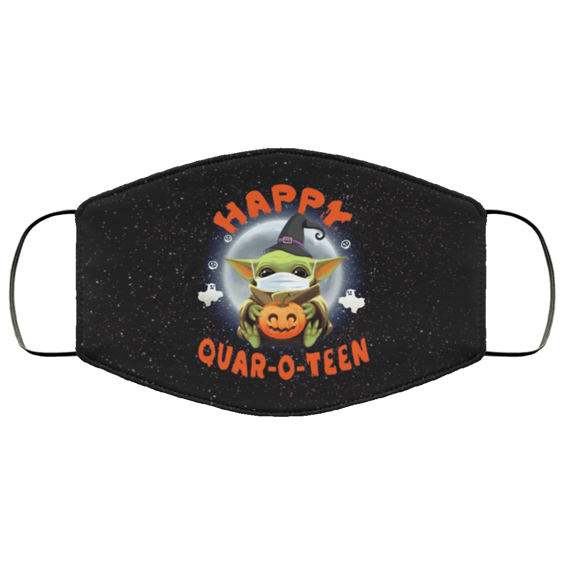 Baby Yoda Washable Reusable Custom Printed Cloth Face Mask Cover - Happy Quar-o-teen - Funny Halloween Quarantine Face Mask, Black, Cloth Face Cover