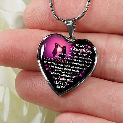 Mom to My Daughter if I Had to Choose Between Loving You and Breathing Heart Pendant Necklace - Heart Luxury Necklace (Silver)