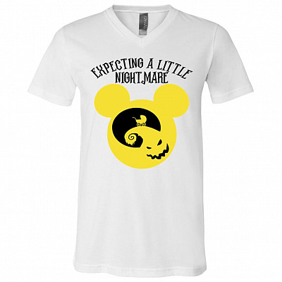 Expecting A Little Nightmare T-Shirt - Pregnant Halloween Shirt, White, V-Neck T-Shirt
