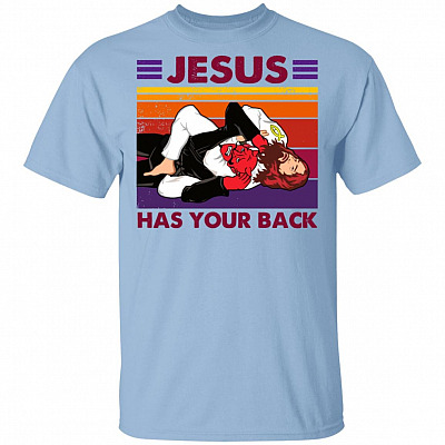 Vintage Wrestling Jesus Has Your Back T-Shirt - Funny Brazilian Jiu Jitsu Tee Shirt, Light Blue, Unisex T-Shirt