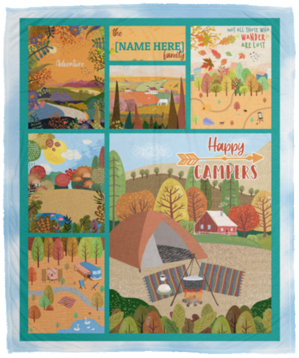 Personalized Family Name Happy Campers Fleece Blanket – Camping Gifts Premium Sherpa Blanket, White, Cozy Plush Fleece Blanket - 50x60 Personalized Family Name Happy Campers Fleece Blanket – Camping Gifts Premium Sherpa Blanket, White, Cozy Plush Fleece Blanket - 50x60