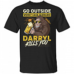 Go Outside Worst Case Scenario Darryl Kills You Funny Bigfoot T-Shirt - Bigfoot Drinking Beer Shirt, Black, Unisex T-Shirt