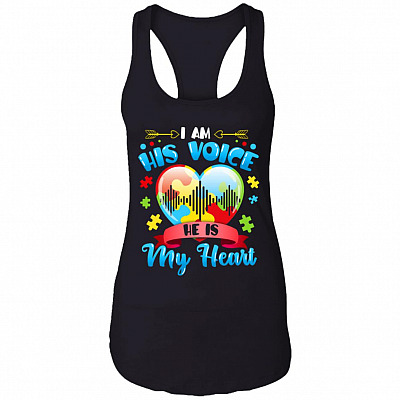 I Am His Voice He Is My Heart Autism Awareness Cotton Tank Top Tee - Ladies Racerback Tank, Black, Ladies Racerback Tank