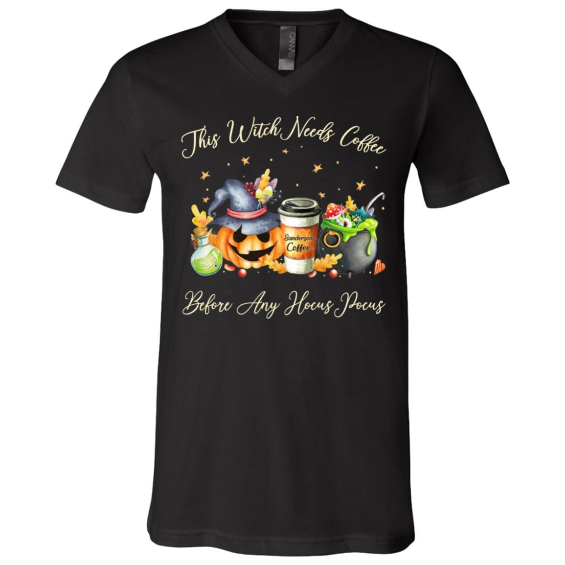 This Witch Needs Coffee Before Any Hocus Pocus Sanderson Sister Coffee T-Shirt - V Neck, Black, V-Neck T-Shirt