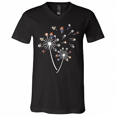 Cute Horror Movies Characters Dandelion Halloween T-Shirt - V Neck, Black, V-Neck T-Shirt