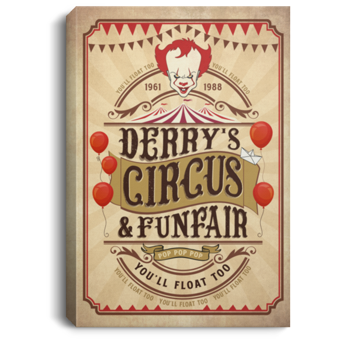 Vintage Scary Clown Derry's Circus Funfair You'll Float Too Wrapped Framed Canvas Prints - Unframed Poster, White, 0.75'' Framed Canvas