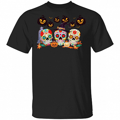 Halloween Pumpkin Sugar Skull T-Shirt - Funny Halloween Skull Shirt, Black, Unisex T-Shirt