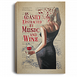 Easily Distracted By Music And Wine Gallery Wrapped Framed Canvas Prints - Unframed Poster - Home Decor Wall Art, White, 0.75'' Framed Canvas