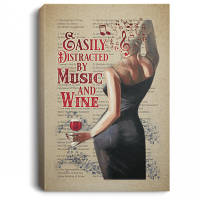 Easily Distracted By Music And Wine Gallery Wrapped Framed Canvas Prints - Unframed Poster - Home Decor Wall Art, White, 0.75'' Framed Canvas