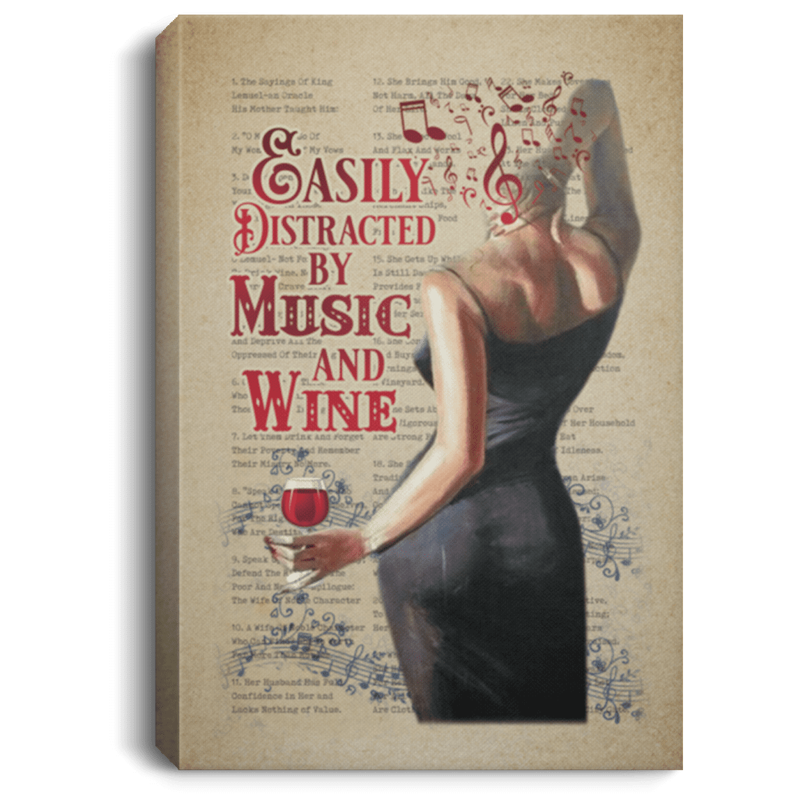Easily Distracted By Music And Wine Gallery Wrapped Framed Canvas Prints - Unframed Poster - Home Decor Wall Art, White, 0.75'' Framed Canvas