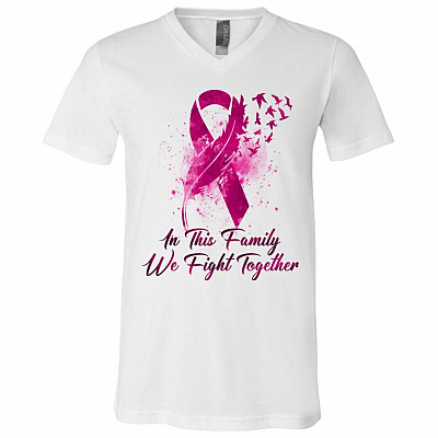 Pink Feather Ribbon Breast Cancer In This Family We Fight Together T-Shirt - V-Neck Tee, White, V-Neck T-Shirt