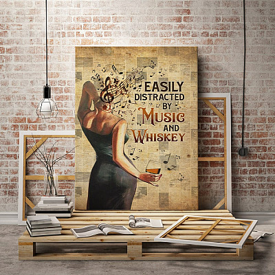Alternative view of Vintage Easily Distracted By Music And Whiskey Framed Canvas Prints - Unframed Poster