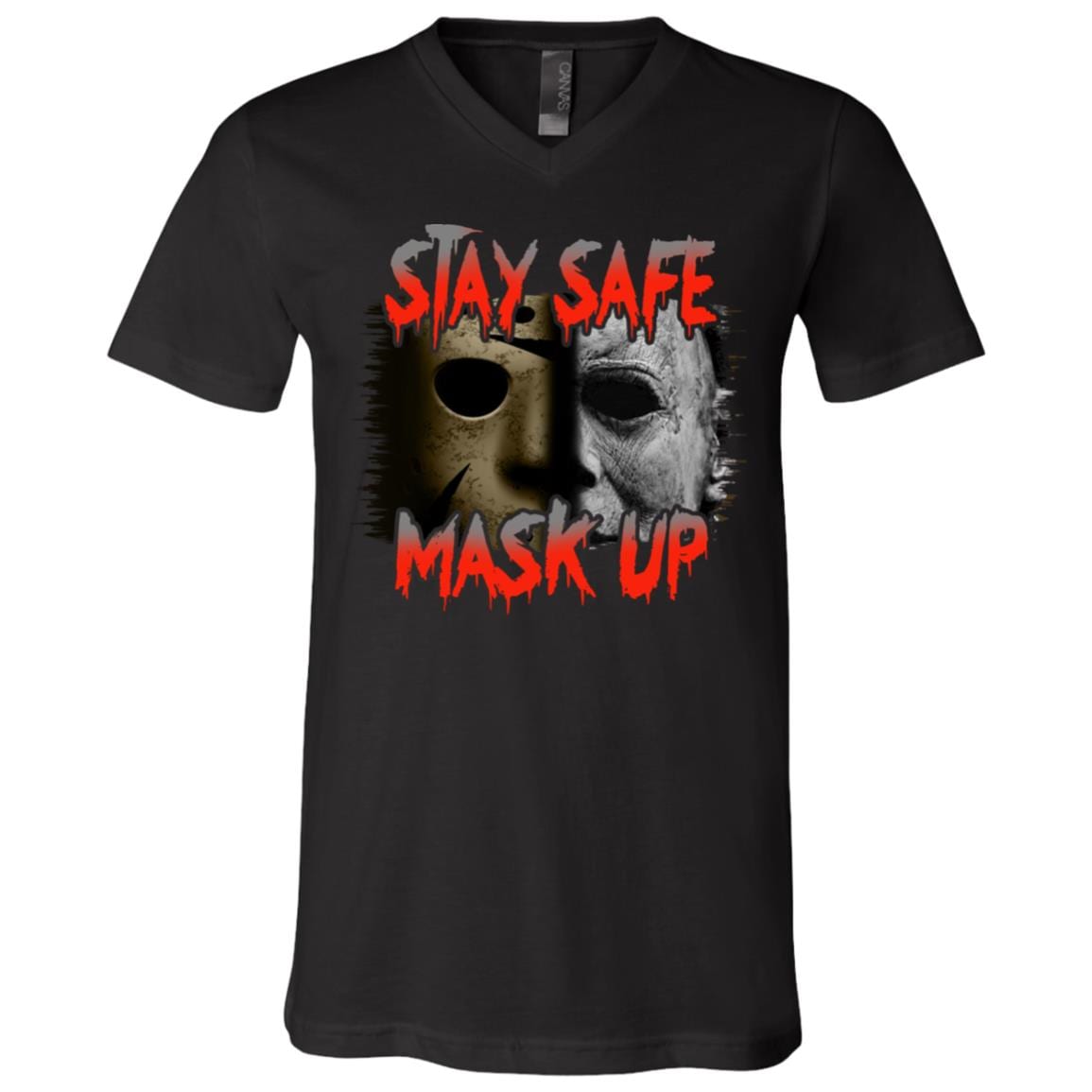 Stay Safe Mask Up Michael and Jason Mask Horror Characters T-Shirt - V Neck, Black, V-Neck T-Shirt Stay Safe Mask Up Michael and Jason Mask Horror Characters T-Shirt - V Neck, Black, V-Neck T-Shirt