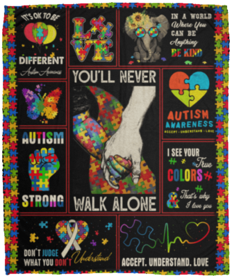 Proud Autism Awareness Family Puzzle Heartbeat Fleece Sherpa Blanket - You'll Never Walk Alone Autism Blanket, White, Cozy Plush Fleece Blanket - 50x60