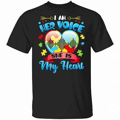 I Am Her Voice She Is My Heart Autism Awareness T-Shirt, Black, Unisex T-Shirt